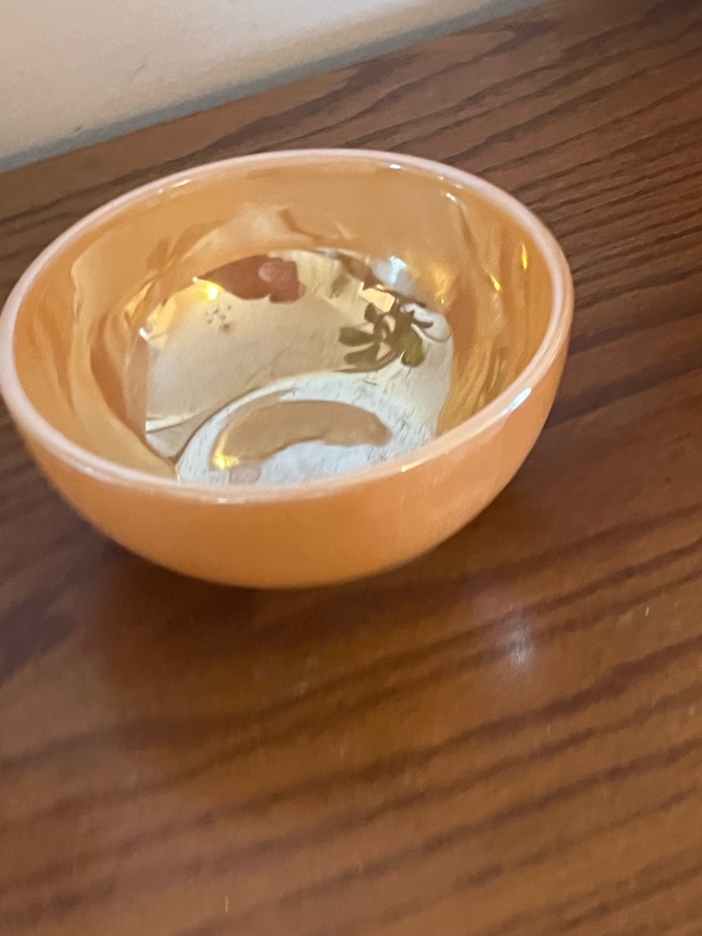 Fire king Small Peach Ceramic Bowl with Metallic Gold Interior